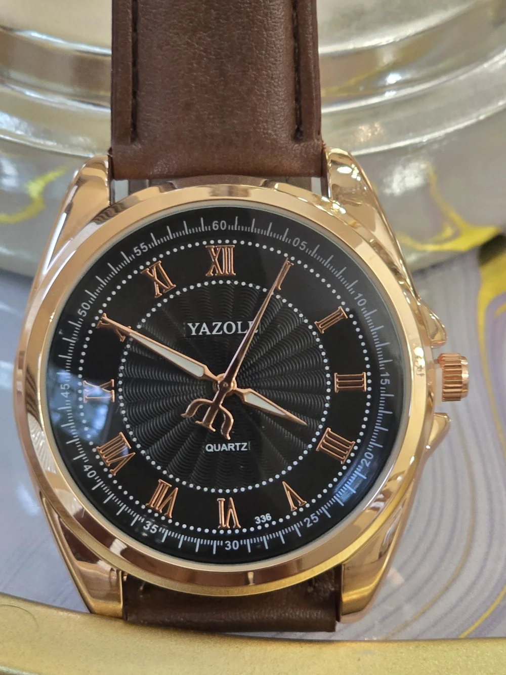 Men's Black Dial Brown Leather Strap Watch - Rose Gold Case